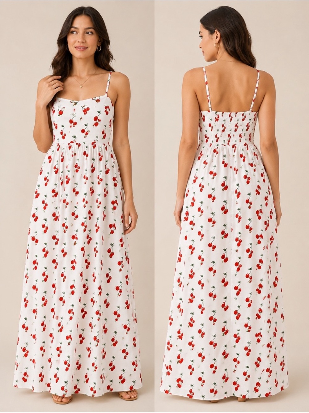 White Cherry Print Maxi Dress with Spaghetti Straps and Fitted Bodice - Picture 2 of 8